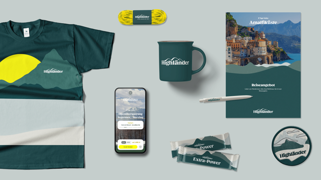 Übersicht der Medien, wie einem Shirt und Streuartikeln, von Highländer.