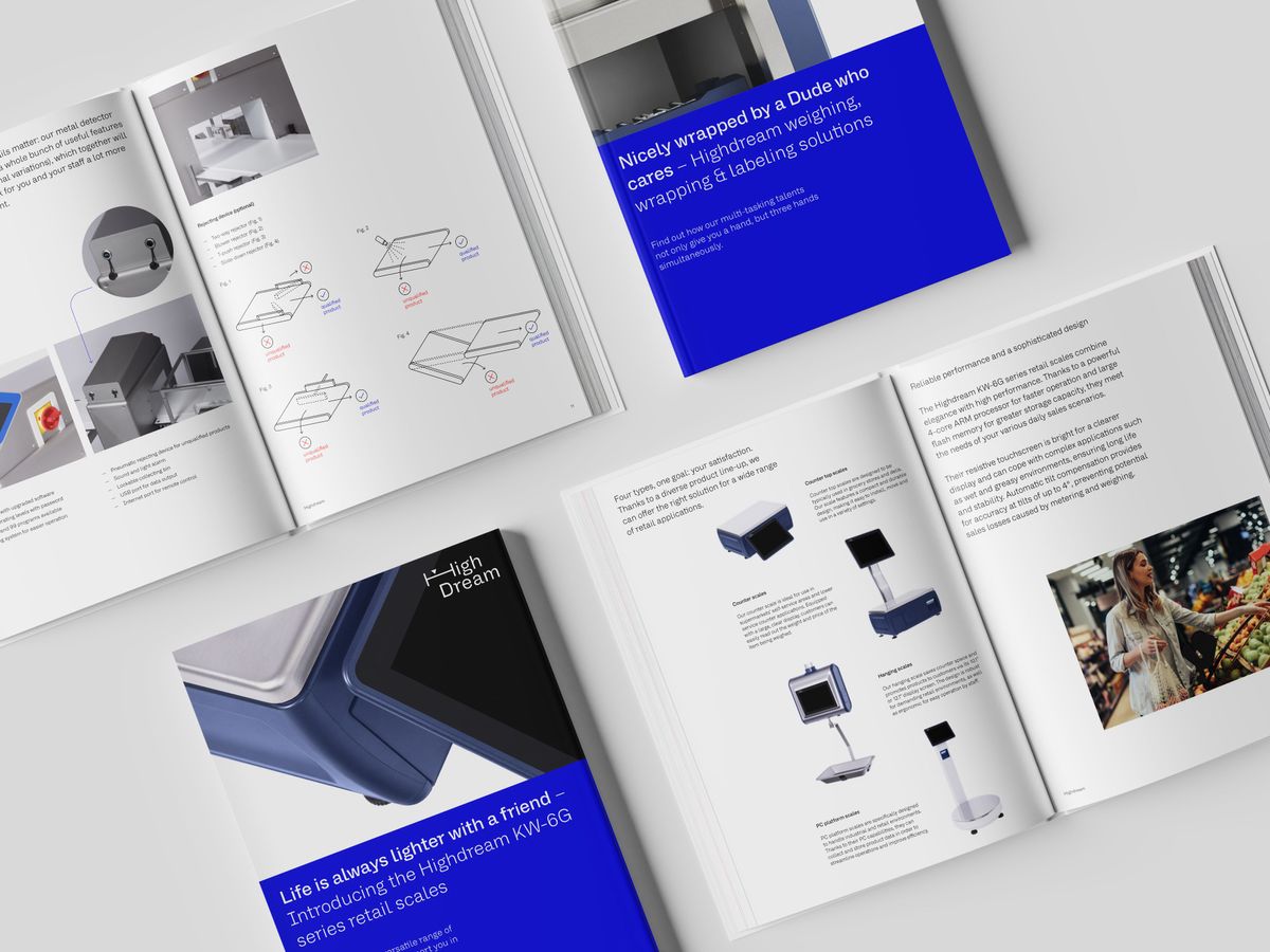 Wiegesysteme im Fokus eines funktionalen Editorial Designs. Übersicht mehrerer Broschüreninnenseiten.