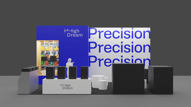 Konzeptioneller Aufbau verbindet Produkt und Marke. Detailaufnahme des Logos auf der Messewand.