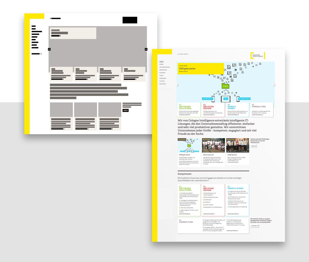 Layout der Cologne Intelligence Startseite einmal mit und ohne Text