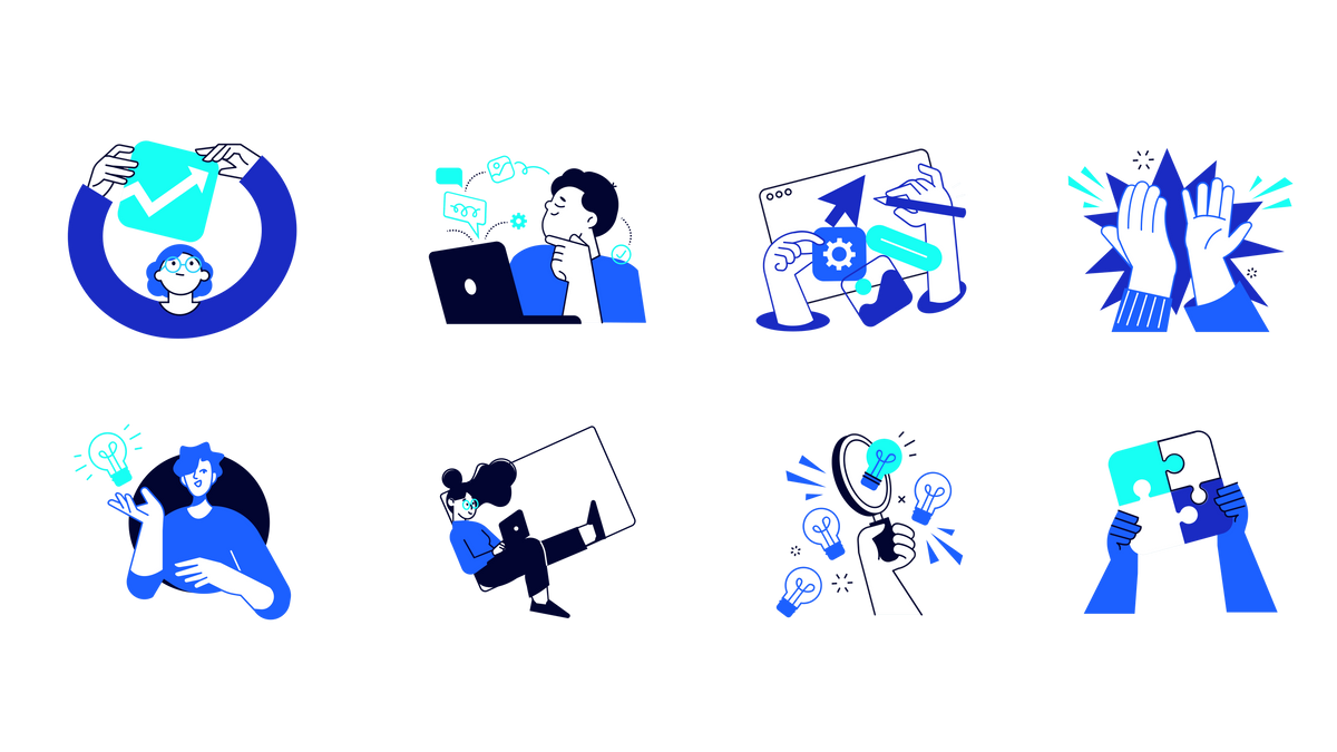 Übersicht verschiedener Illustrationen zu Themen wie Wachstum, Strategie und Ideen.