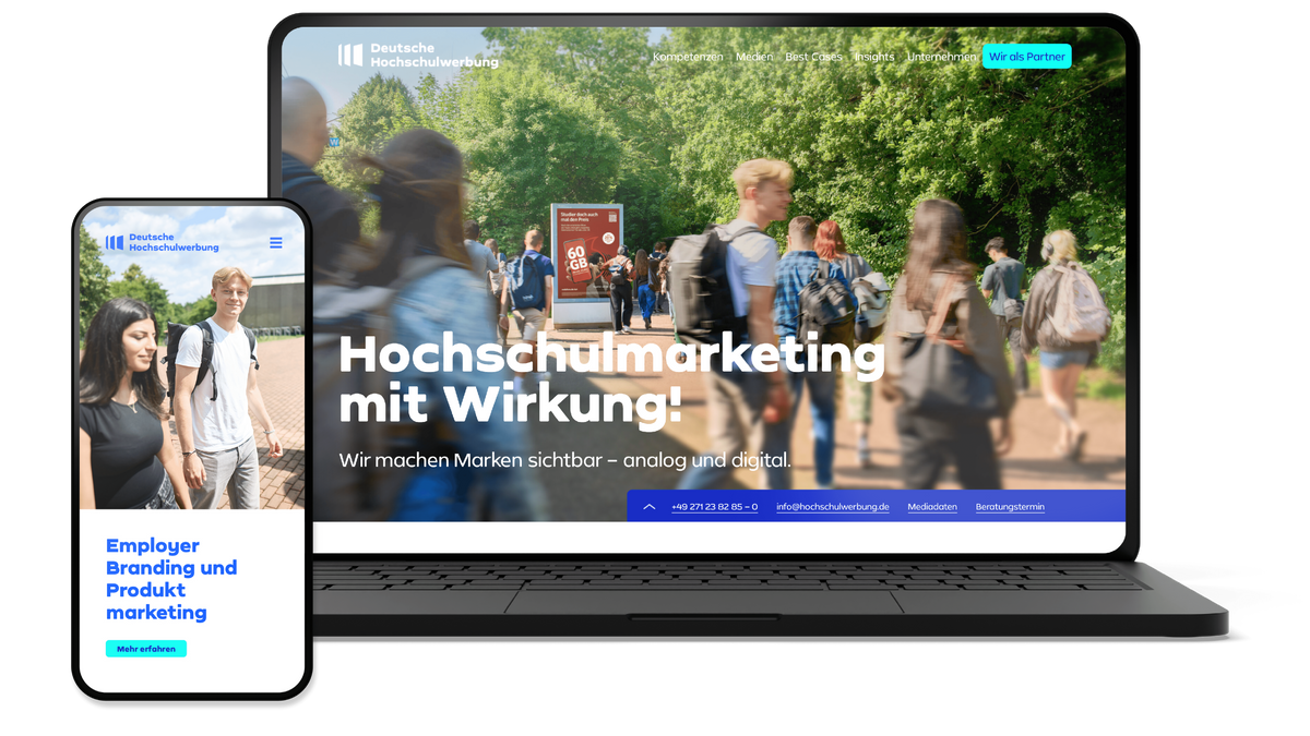 Darstellung der Website der Deutschen Hochschulwerbung auf Laptop und Smartphone.