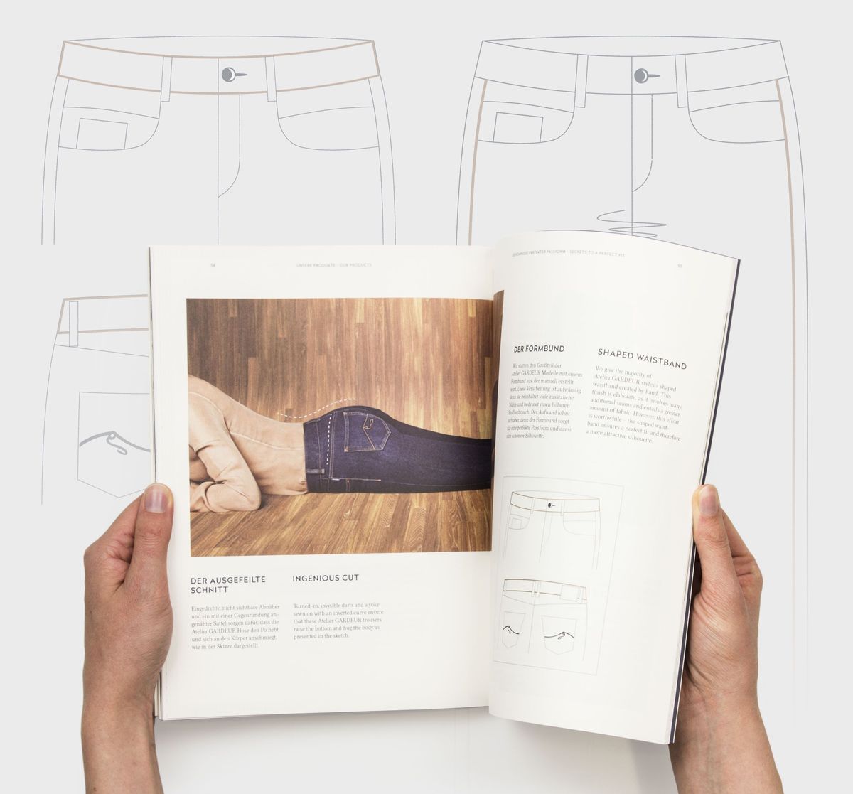 Aufgeschlagene Brandbook-Doppelseite vor dem Hintergrund illustrierter Hosen