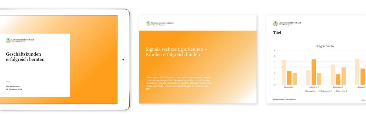 PowerPoint Folien für den Genossenschaftsverband beispielhaft in Orange für den Fachbereich Gewerbe