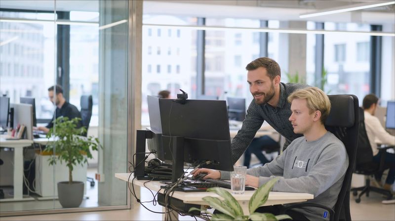 Zwei Mitarbeiter tauschen sich aus.