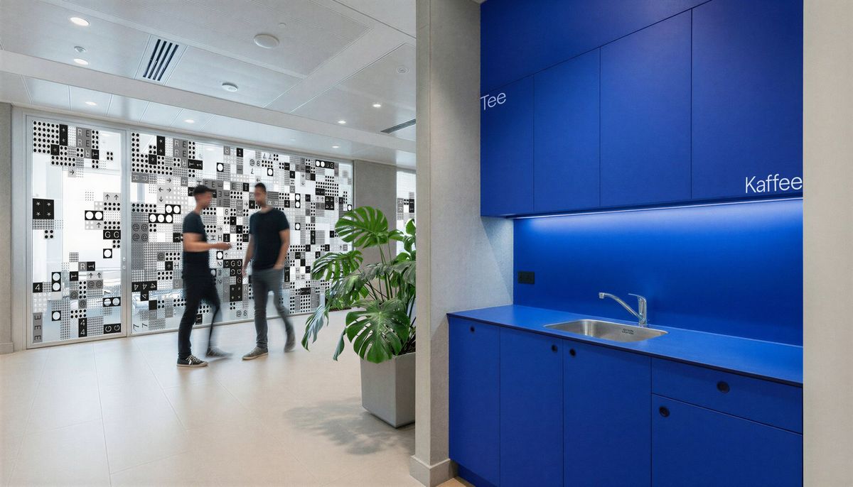 Die neue Küche im prägnanten Heringer-Blau wird zum Hingucker. Eine blaue Küche, zwei Mitarbeiter tauschen sich aus.