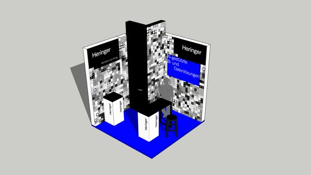Der Entwurf zeigt die räumliche Inszenierung der Marke auf einer Fachmesse. 3D-Visualisierung des Messestands für Heringer mit Markenflächen, Besprechungsbereich und integrierter Präsentationsfläche.