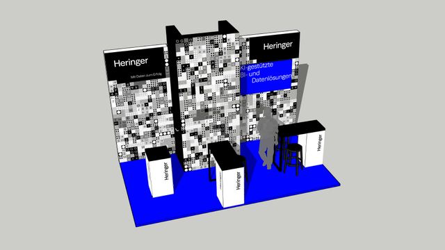 Das Standkonzept verbindet Beratung, Markenpräsenz und Informationsvermittlung. Perspektivische Darstellung des geplanten Messestands mit Branding, Kommunikationsflächen und Sitzgelegenheiten.