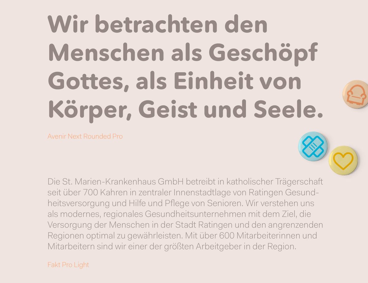 Die neue Hausschrift bildet die Ausgangslage für die weiche Formensprache des Corporate Designs Ein Schriftmuster zeigt die verwendeten Schriften für das Corporate Design des Sankt Marien Krankenhauses