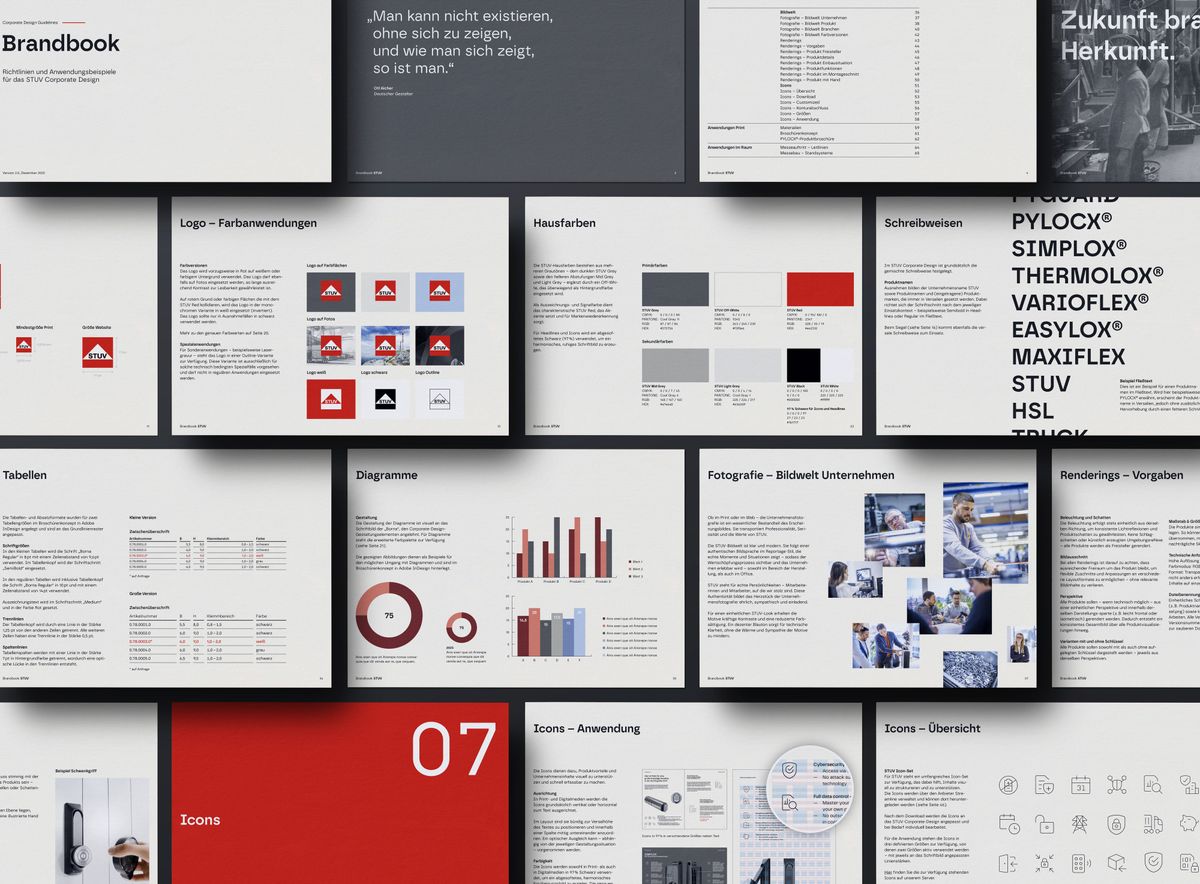Übersicht mehrerer Doppelseiten eines Brandbooks mit Gestaltungsrichtlinien, Farben, Typografie und Bildwelt.