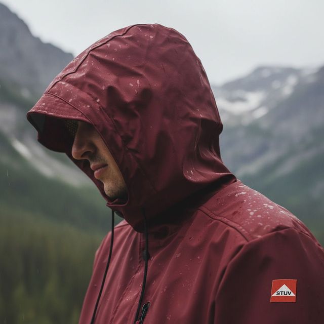 Person in roter wetterfester Jacke mit STUV-Logo steht im Regen vor einer bergigen Landschaft.