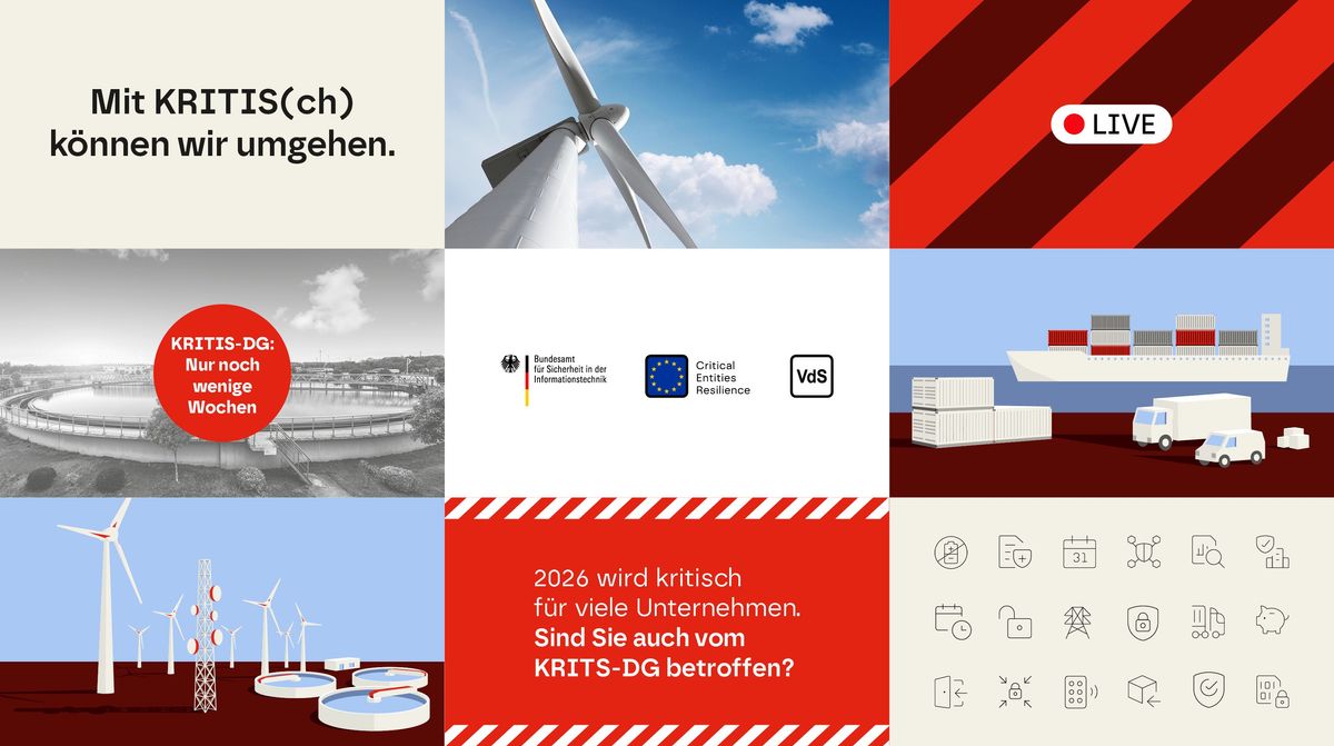 Übersicht des Kampagnen Frameworks aus Illustrationen, Icons und Texten zum Thema KRITIS-DG im Corporate Design von STUV.