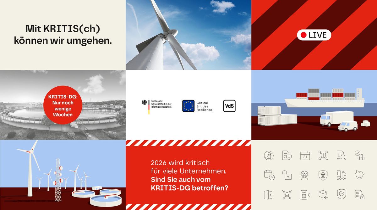 Übersicht des Kampagnen Frameworks aus Illustrationen, Icons und Texten zum Thema KRITIS-DG im Corporate Design von STUV.