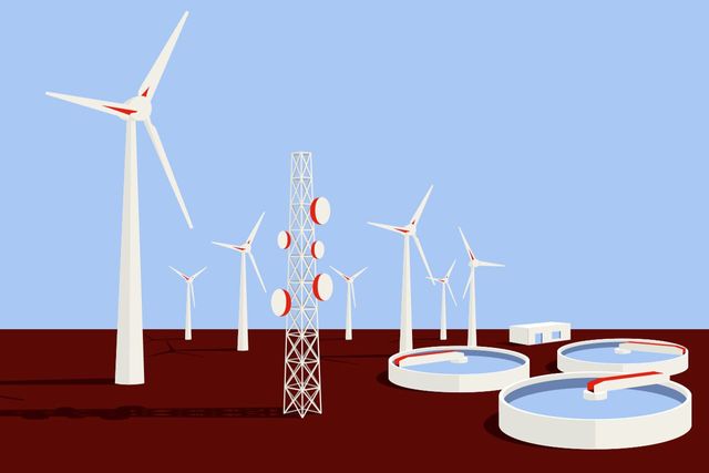 Illustration von Windkraftanlagen, einer Funkanlage sowie Wasserbecken als Darstellung kritischer Infrastrukturen.