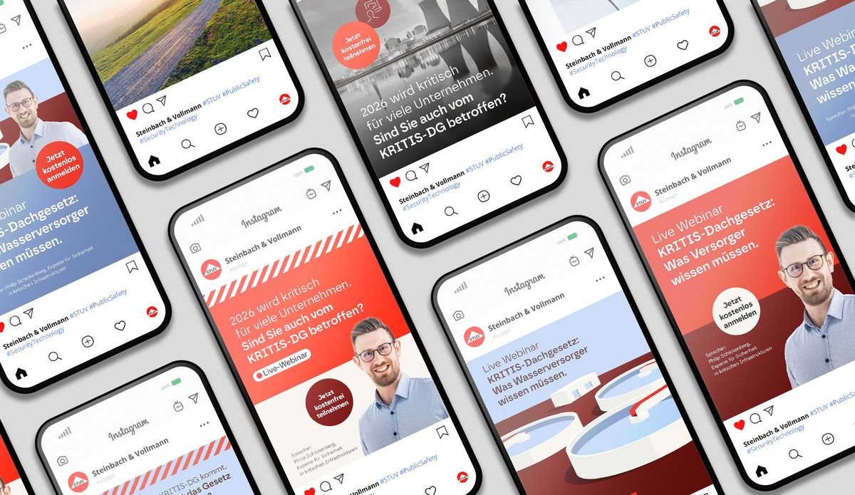 Mehrere Smartphone-Displays zeigen Social-Media-Anzeigen und Creatives zur KRITIS-DG Kampagne von STUV.