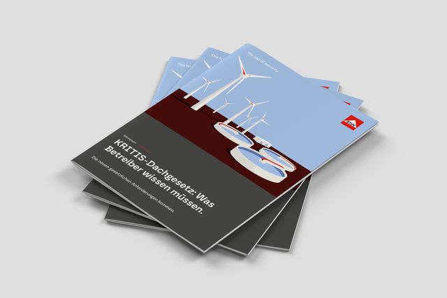 Mehrere gestapelte Whitepaper mit Titel „KRITIS-Dachgesetz: Was Betreiber wissen müssen“ und illustrativer Infrastruktur-Grafik auf dem Cover.