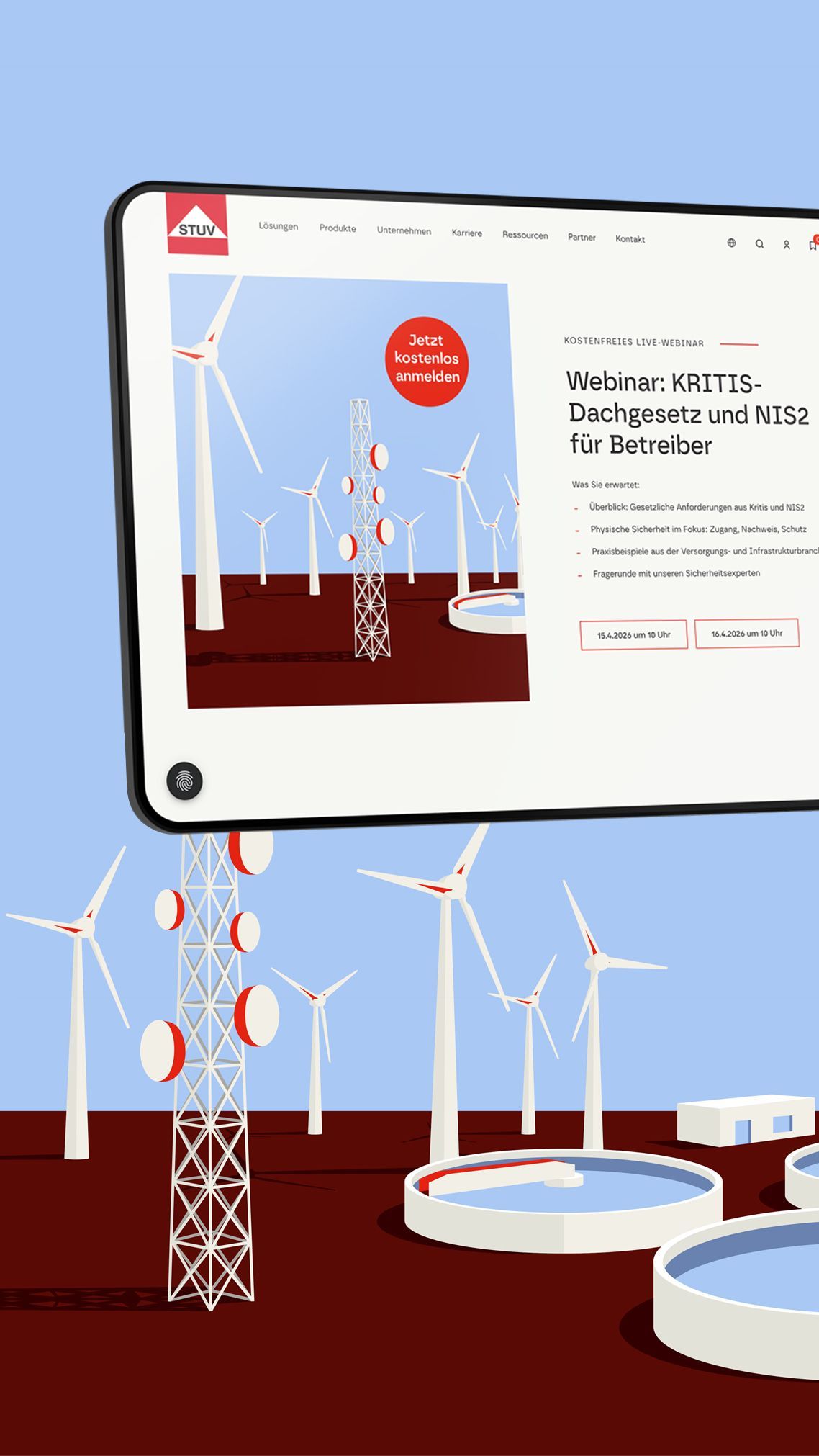 Website-Teaser für ein Webinar zu KRITIS-Dachgesetz und NIS2 mit Illustration von Windkraftanlagen und Infrastruktur.