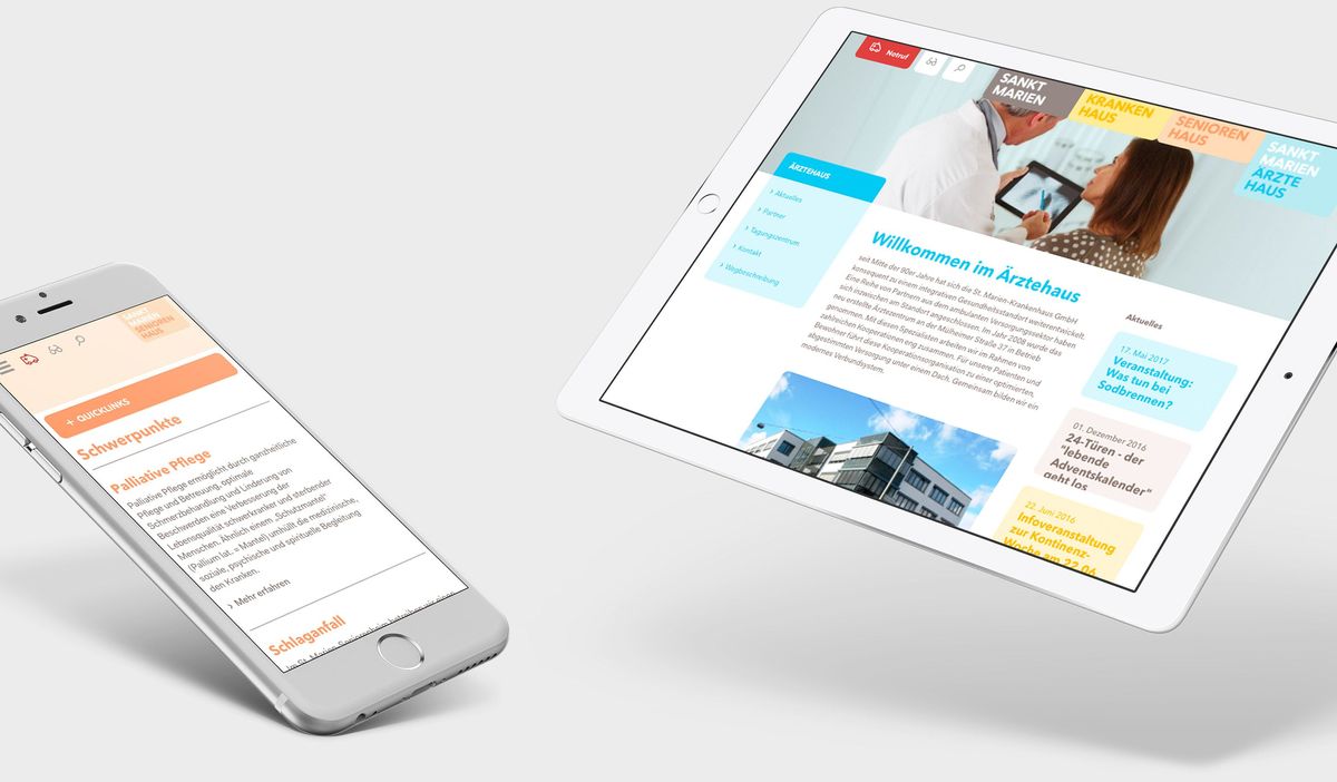 Ein Smartphone und ein Tablet mit Screenshots der Website für die Sankt Marien Krankenhaus GmbH gestaltet von arndtteunissen