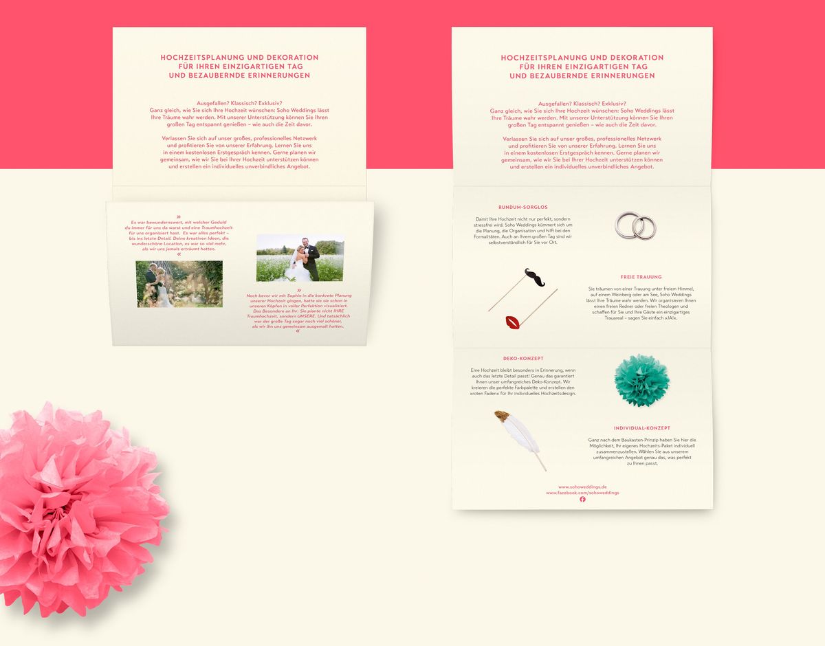 Ein Faltblatt im Corporate Design für die Hochzeitsplanerin Soho Weddings 