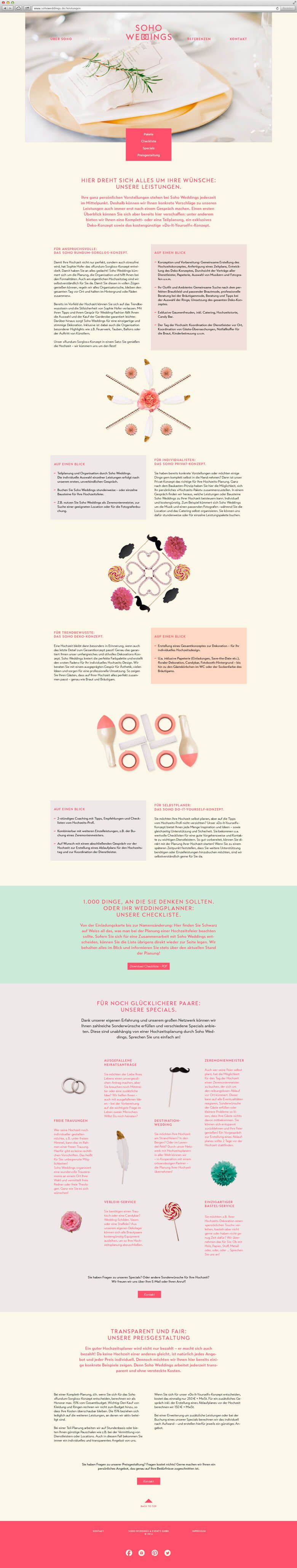 Screenshot der gesamten Leistungs Unterseite auf der Internetpräsenz von Soho Weddings