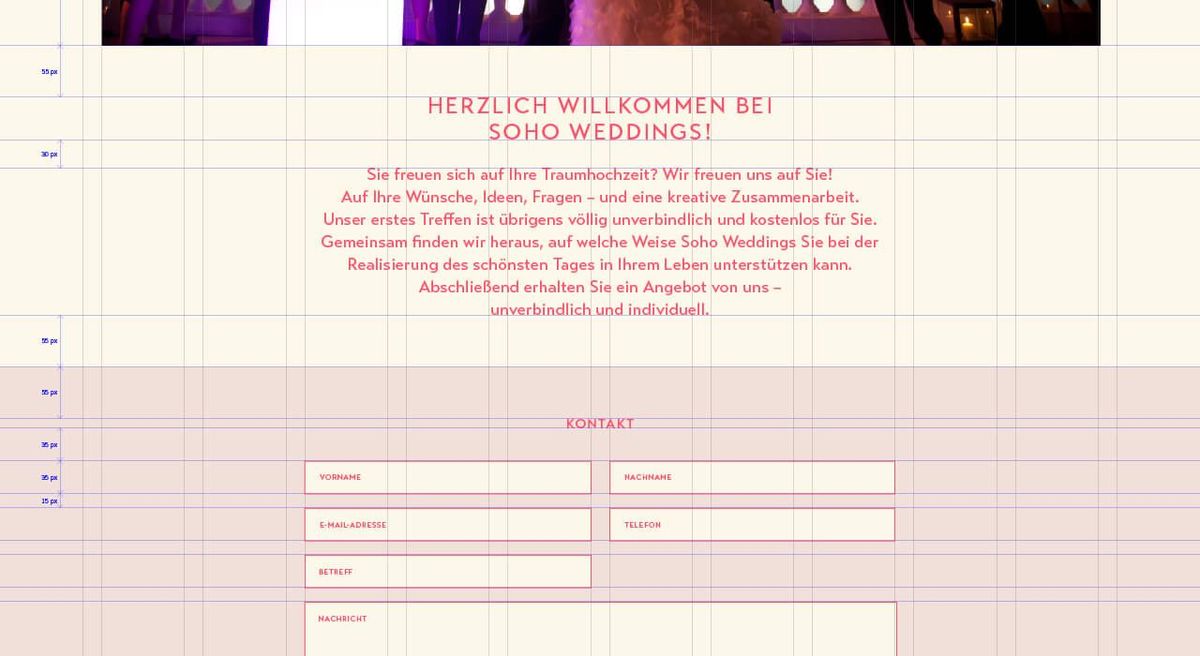 Aufbau des Rasters für die Webpräsenz von Soho Weddings