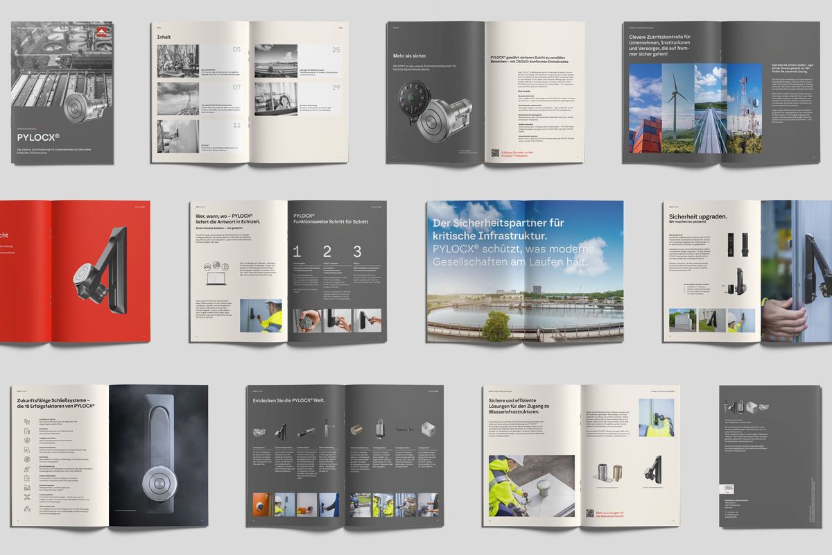 Aufgeschlagene Broschüre mit Produktinformationen, Anwendungsbeispielen und Gestaltungselementen im Corporate Design von STUV.