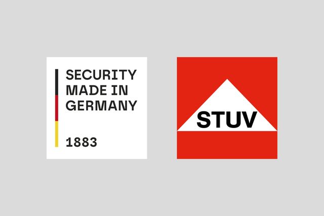 Logo und Qualitätssiegel mit der Aufschrift „Security made in Germany 1883“ im Corporate Design von STUV.