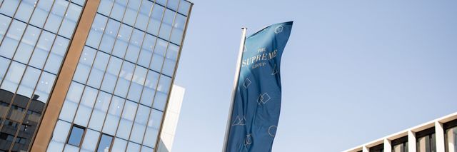 Fotografie einer Hissflagge mit Logo-Aufdruck am Messe-Standort