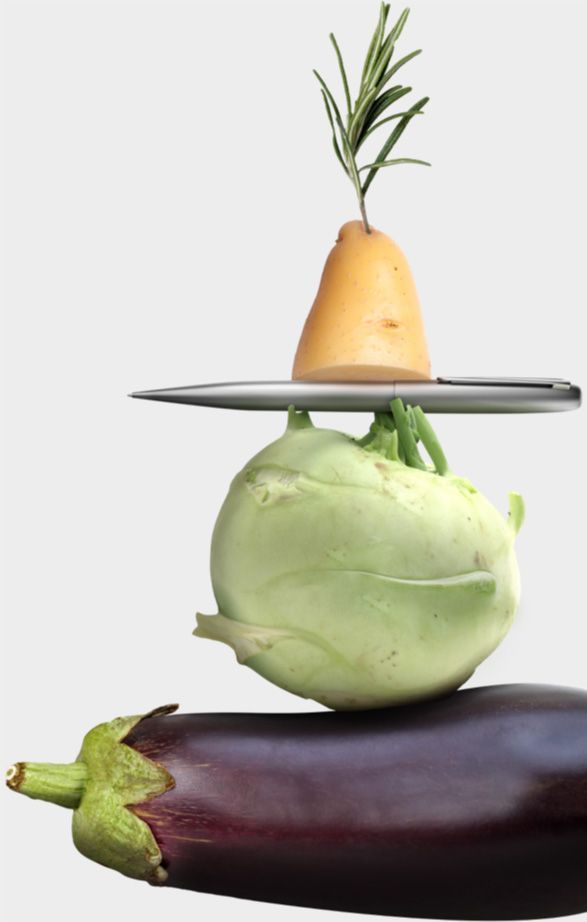 Bildkomposition aus einer Kartoffel, einem Stift, einem Kohlrabi und einer Aubergine.