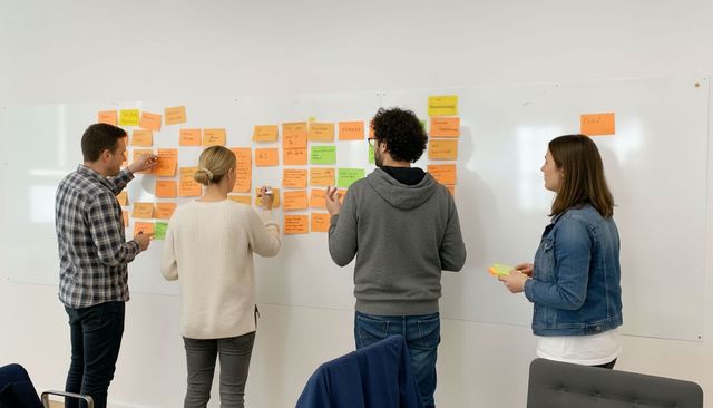Vier Menschen stehen vor einem Whiteboard und kleben Post-Its an die Wand.
