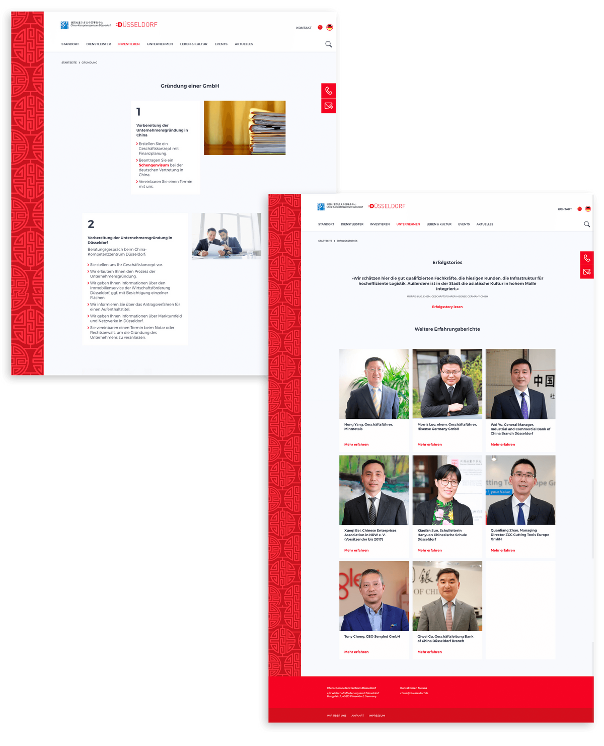 Screenshots der China-Kompetenzzentrum Website zum Thema Gründung und Erfolgstories