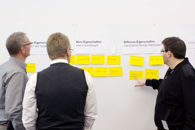 Creative Director mit zwei Kunden vor einer Magnetwand mit Klebezetteln zu den Unternehmenseigenschaften