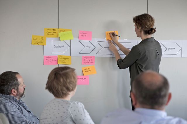 Senior Art Direktorin beschriftet einen Klebezettel und klebt ihn an eine Wand mit Zetteln, die die Phasen der Customer Journey markieren