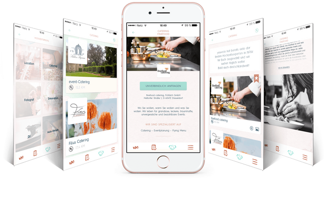Smartphone und Screens der yeswedo App auf denen verschiedene Hochzeitsdienstleister vorgestellt werden