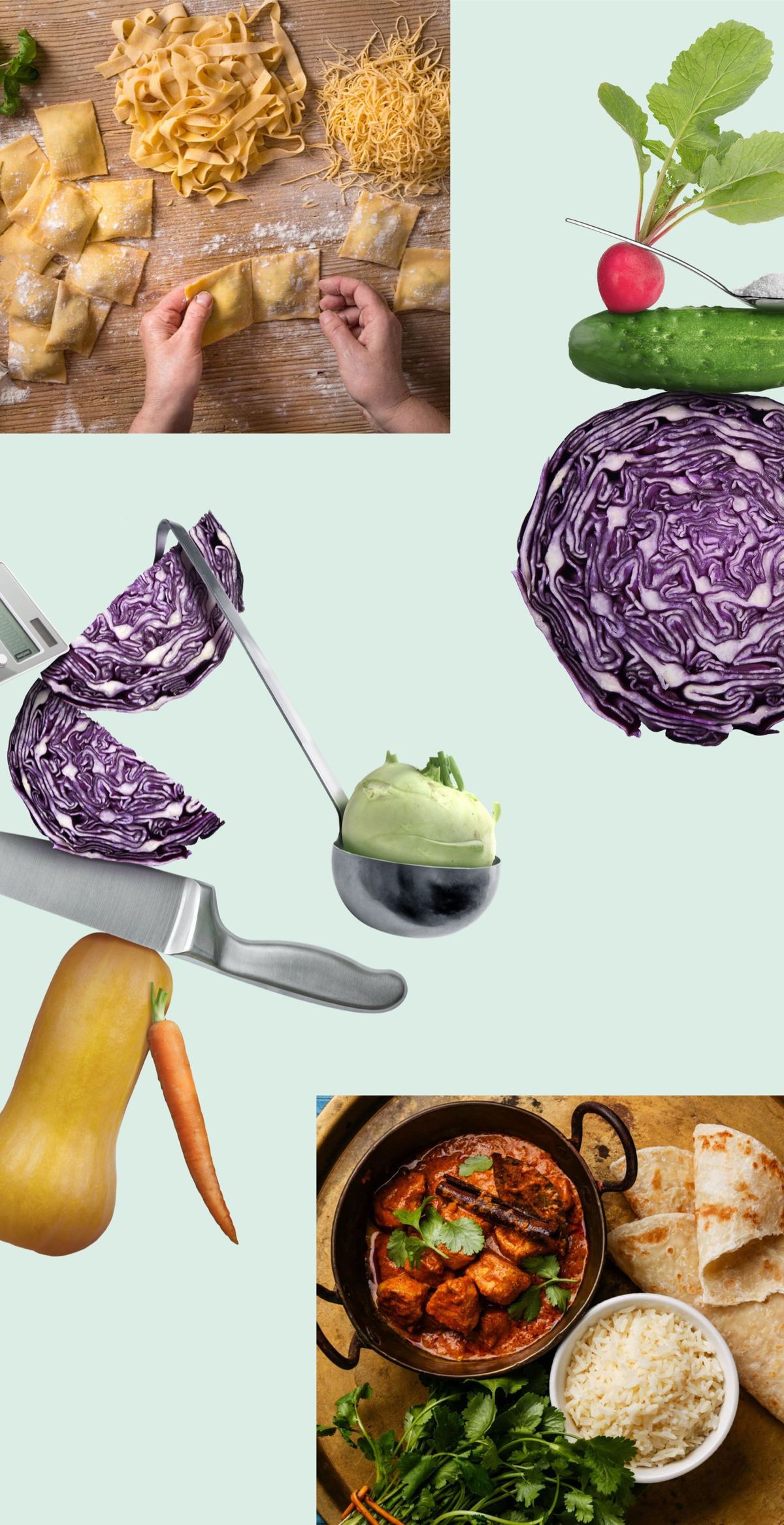 Komposition aus Fotos von unterschiedlichen Rezepten und Zutaten zur Verdeutlichung der Farbwelt.