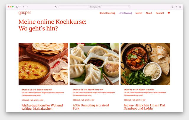 Ansicht der unterschiedlichen Rezepte auf der Dennis Gasper Website.