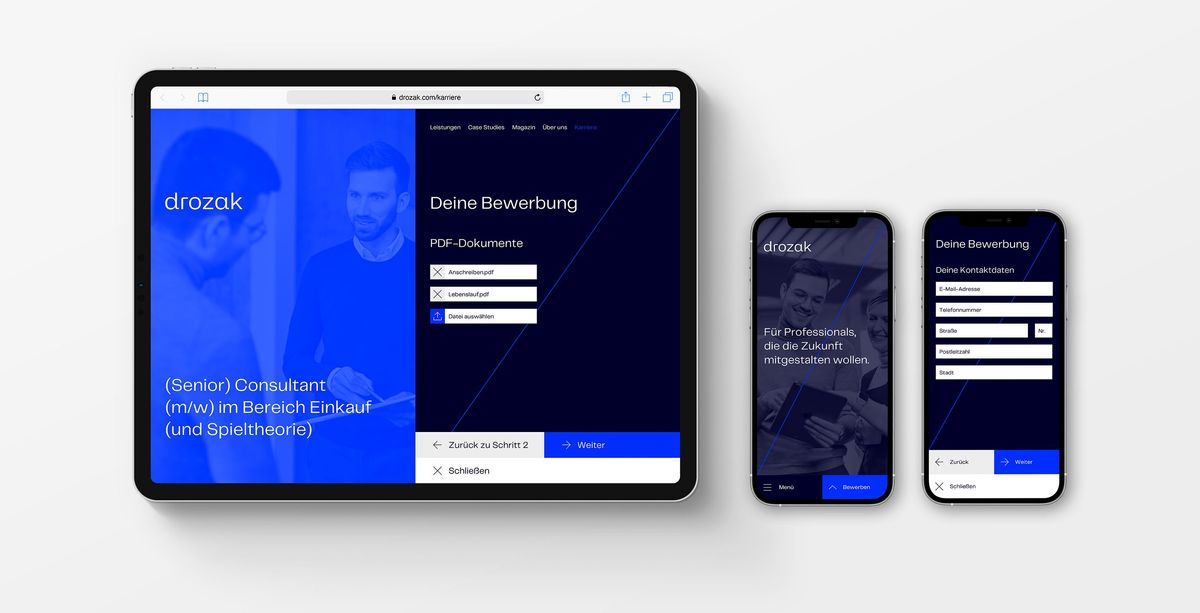 Ansicht eines iPads und zweier iPhones auf denen die Drozak Website responsiv dargestellt wird.