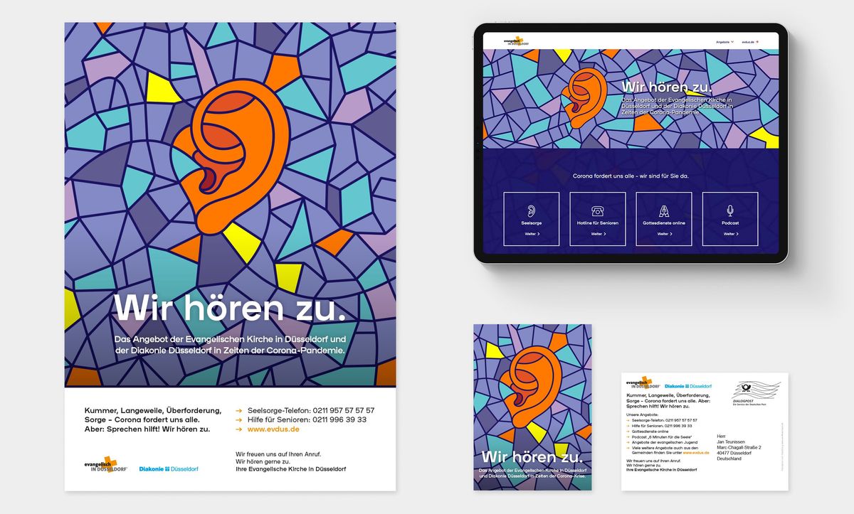 Übersicht eines Posters und einer Postkarte mit dem Kampagnenmotiv sowie eines Tablets mit der Landingpage
