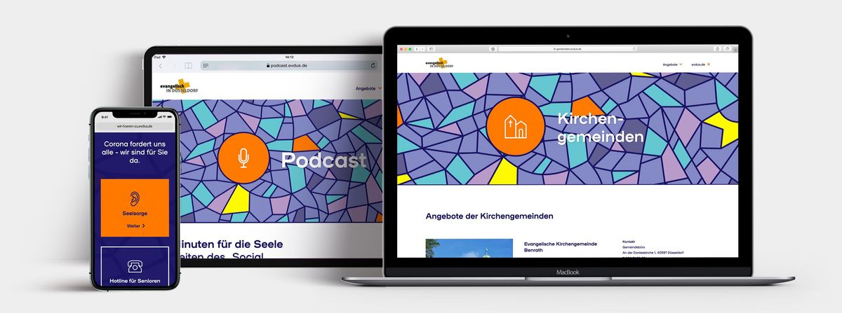Übersicht eines Smartphones, Tablets und Laptops mit verschiedenen Unterseiten der Landingpage