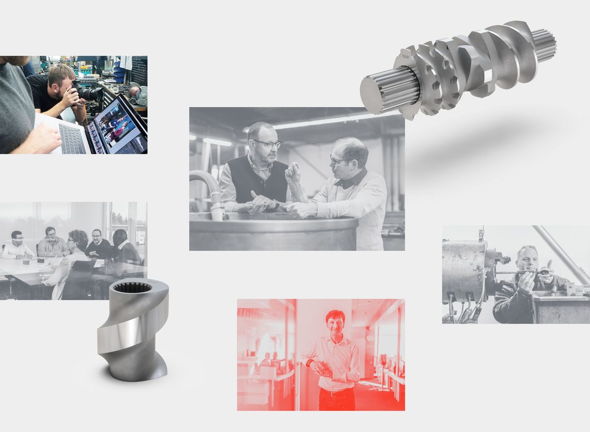 Übersicht verschiedener Unternehmensfotografien in Besprechungssituationen oder an Maschinen sowie einem Making-Of Foto vom Fotoshooting und Renderings der Elemente