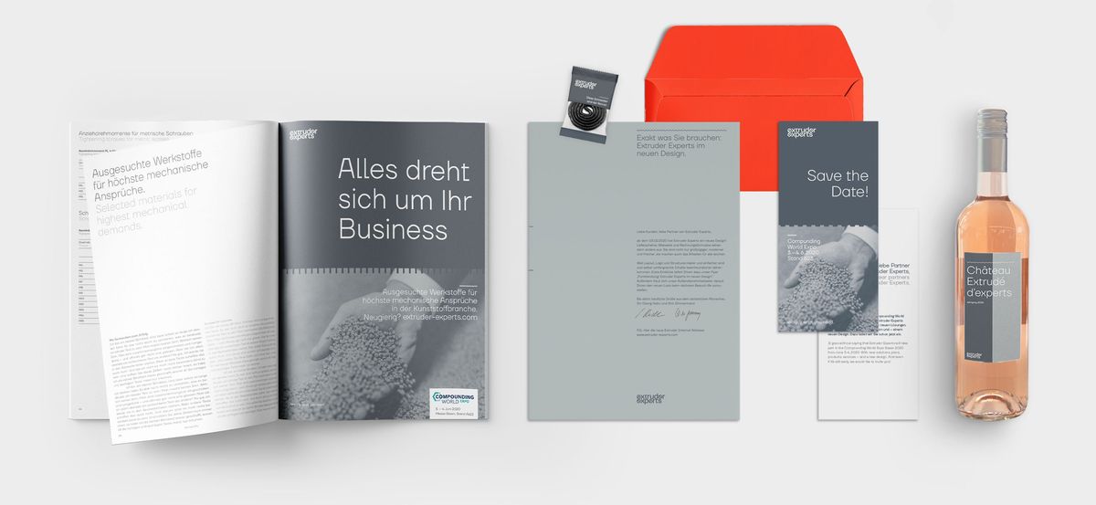 Anzeige, Anschreiben, Save the Date Flyer und Weinflasche im neuen Corporate Design