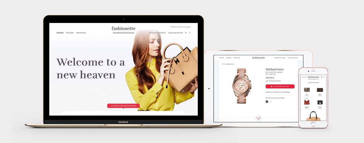 Ansicht mehrerer Unterseiten des neuen Fashionette Online Shops auf verrschiedenen Endgeräten
