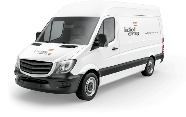  Fahrzeugbeschriftung mit finefood Logo und Webadresse auf weißem Van