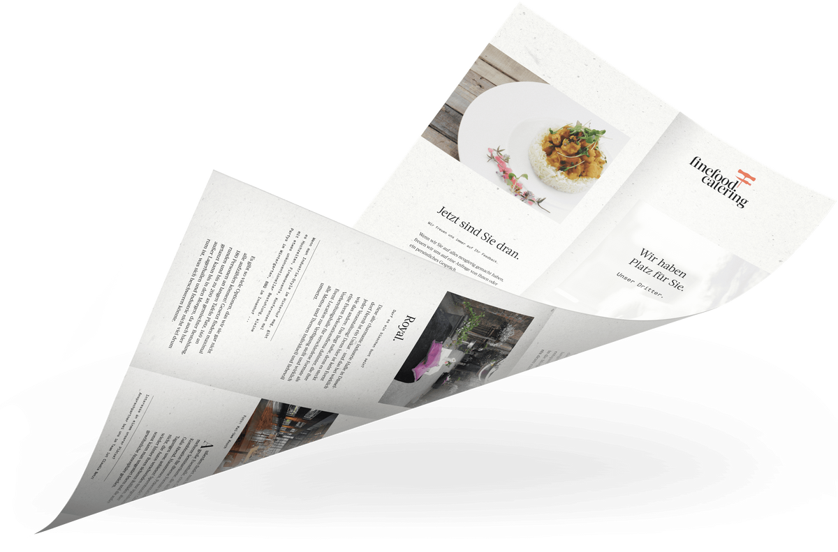 Faltblatt zum Thema Eventlocations mit Foodfotografien sowie Bildern und Texten zu den Veranstaltungsorten