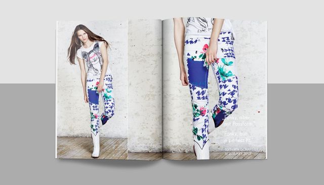Doppelseite des Lookbooks zeigt ein Model in einer G Design Hose 
