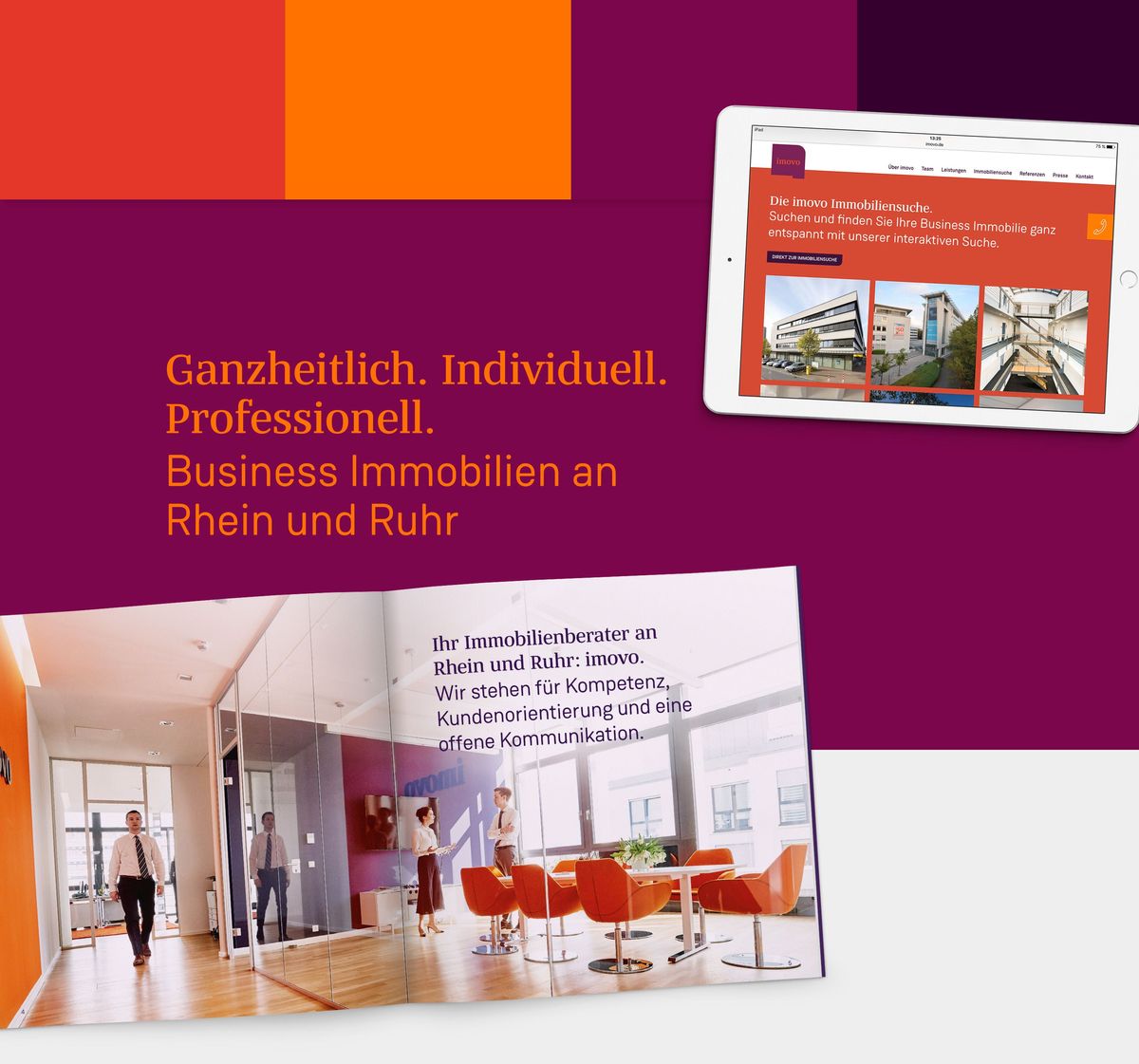 Doppelseite der Unternehmensbroschüre und Screenshot der Website von imovo auf einem Tablet 