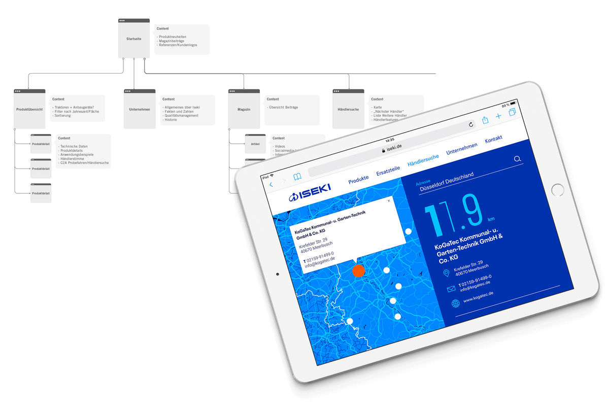 Informationsarchitektur der Iseki Website und Tablet mit der Händlersuche von Iseki