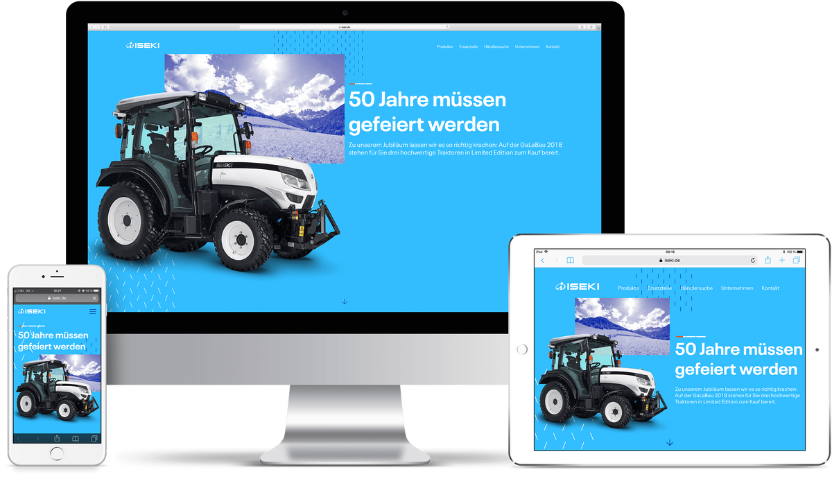 Drei Bildschirme Smartphone Tablet und Computermonitor zeigen die Startseite der Iseki Website