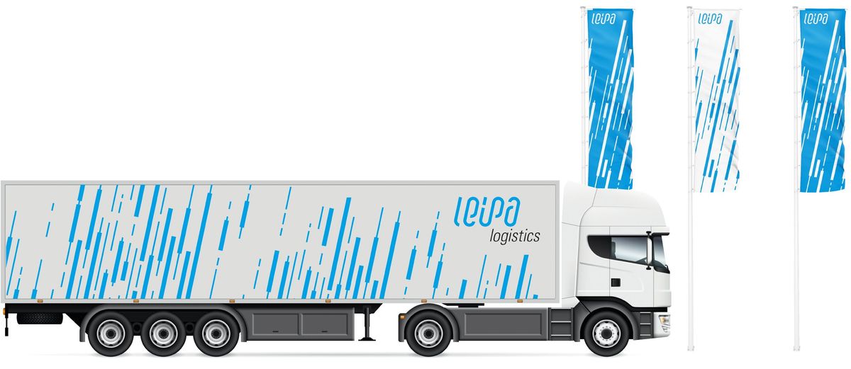 Lastwagen und Fahnen mit Keyvisual Aufdruck