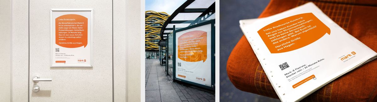 Plakat, City Light und Zeitungsanzeige, die in Duisburg für die Stromflatrate von Mark-E werben